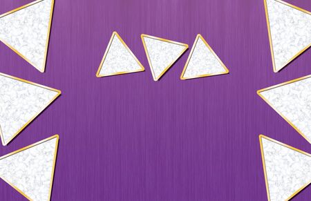 3d illustration, purple background, white marble triangles in yellow frameの写真素材