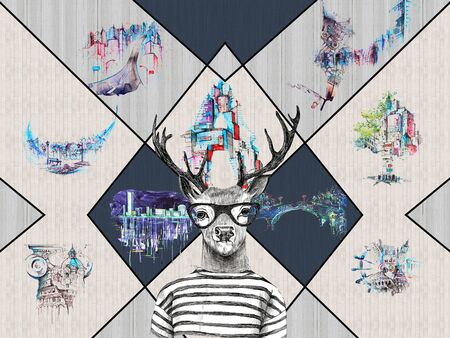 Abstract background, light and dark tiles, the outlines of buildings, large funny deer with horns with glasses and a striped T-shirtの写真素材