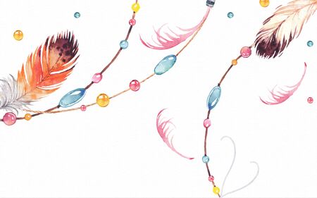 Abstract illustration, white background, multi-colored balls, vintage ornaments of multi-colored feathers on a rope and chainの写真素材