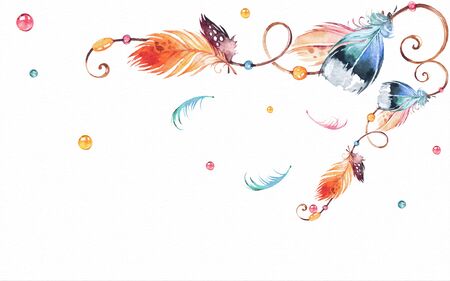 Abstract illustration, white background, colorful balls, ornament, feathers of various colors drawnの写真素材