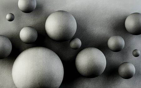 3d illustration, gray textured background with big and small ballsの写真素材