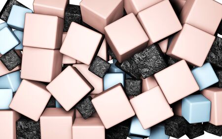 3d illustration, bright pink, blue and black cubes on a white backgroundの写真素材