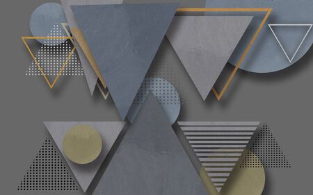 3d illustration, gray background, triangles and circles of different textures and colorsの写真素材