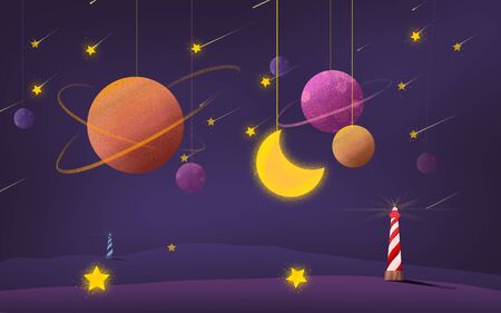 Children's illustration, night, lighthouses, yellow moon, stars, planets hang on a threadの写真素材