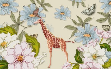 Fabric illustration, light yellow background, large multi-colored flowers, giraffeの写真素材