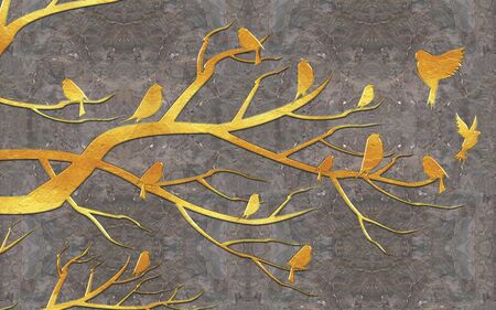 3d illustration, dark textured background, golden paper branches with sitting birdsの写真素材