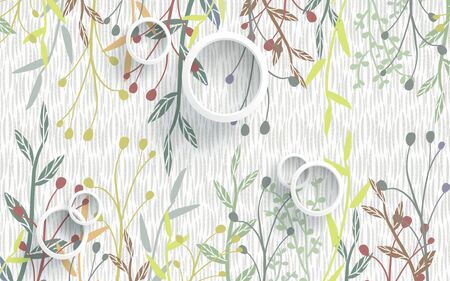 3d illustration, white texture background, white rings, colorful abstract plants
