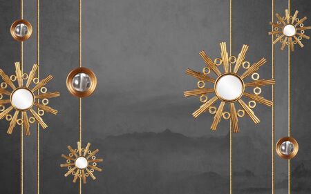 Gray background with vertical lines, wooden rings in the shape of the sun