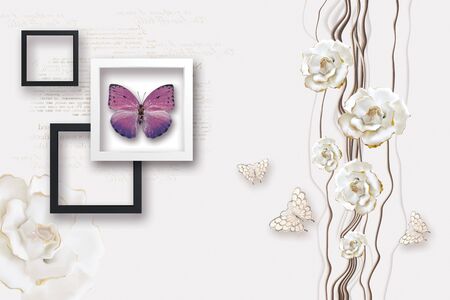 3d illustration, white background with mirror text, white and black square frames, lilac butterflies, vertical wave-like lines, white gilded rose budsの写真素材