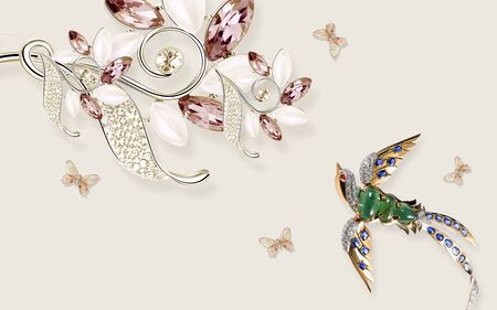 3d illustration, light background, butterflies, jewelry abstract flower and bird with multi-colored crystalsの写真素材