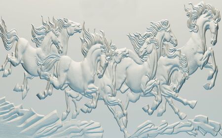 3d illustration, light background, images of horses in a bas-reliefの写真素材