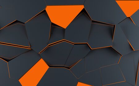 3d illustration, black and orange abstract geometric broken backgroundの写真素材