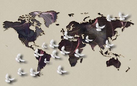 3d illustration, beige background, dark wavy world map, flying flock of white doves