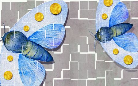 3d illustration, mosaic, gray background, large abstract blue flies with yellow circles on the wingsの写真素材
