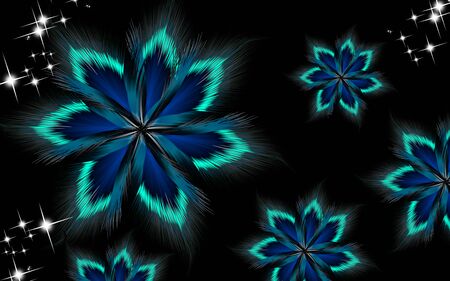 Black background, abstract blue flowers and white sparklesの写真素材