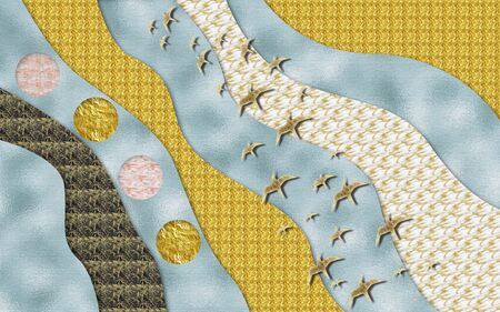 3d illustration, abstract wavy stripes of different colors, round cutouts, bird figures
