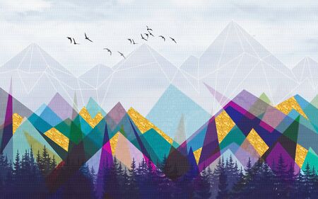 Geometric landscape, multi-colored polygonal mountains, spruce forest, flock of birds in the skyの写真素材