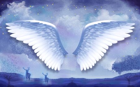 3d illustration, night starry sky, silhouettes of trees and deer, large light blue abstract wings