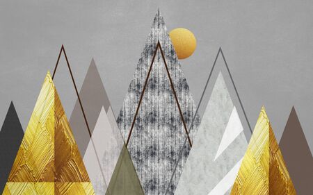 Geometric abstract illustration, triangles and circle depict landscapeの写真素材