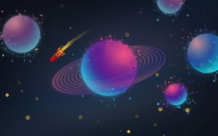 Abstract dark space illustration with planets and rocket