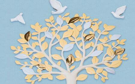 3d illustration, blue textured background, white ceramic tree with yellow and gold leaves, white dovesの写真素材