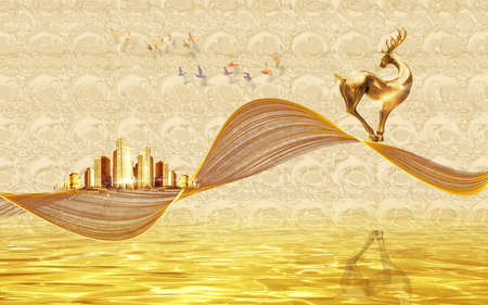 3d golden illustration, silhouette of the big city, wavy ribbon, water, figure of a deer with hornsの写真素材
