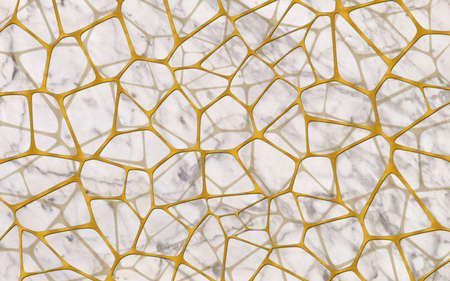 3d illustration, gray marble background, golden abstract asymmetrical mesh