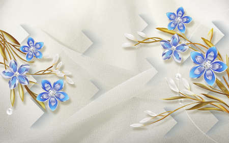 3d illustration, light fabric background, large blue abstract flowers with crystalsの写真素材