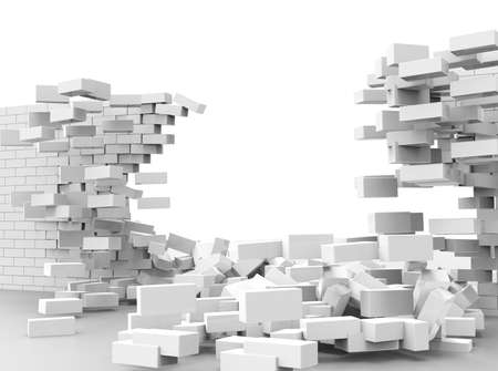 3d illustration, destroyed gray brick wall on white backgroundの写真素材