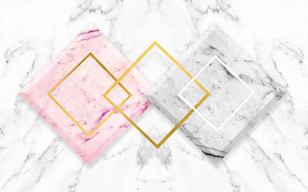 3d abstract illustration, white marble background, pink and gray marble rhombuses, gold and white rhombus framesの写真素材