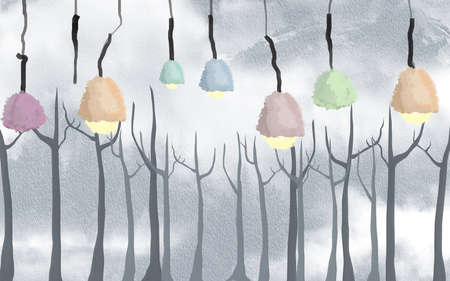 Abstract dry trees and painted hanging multicolored lamps on gray textured backgroundの写真素材