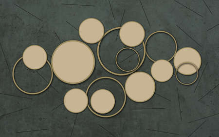 3d illustration, dark grunge background, beige circles and ringsの写真素材