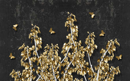 3d illustration, golden leaves on branches and golden butterflies on a dark grunge backgroundの写真素材