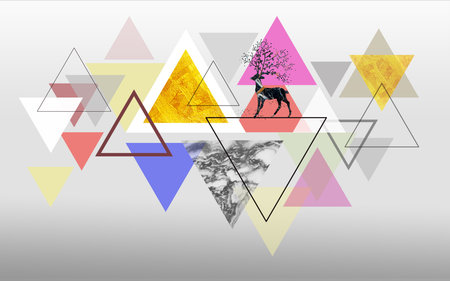 Multicolored triangles pattern with marble outline deer on gray gradient background