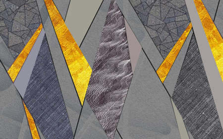 Abstract geometric pattern, embossed and shaded geometric shapes in gray and goldの写真素材