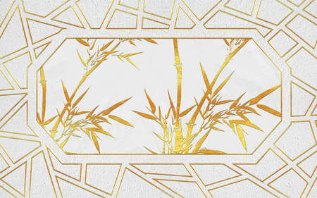 3d illustration, golden patterned geometric frame and bamboo on a gray backgroundの写真素材
