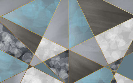 Abstract triangular texture blue and gray background with golden threads, translucent white leaves