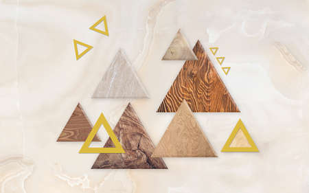 3d illustration, wooden triangles and triangular frames on a beige marble background