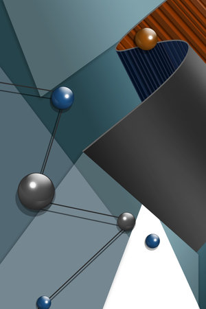 3d geometric illustration, dark green and white triangles, colorful balls and a wave