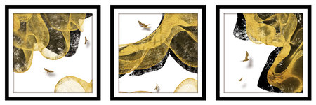 3d illustration, triptych abstraction in black frames, golden and black wavy lines, golden eagles on a white backgroundの写真素材