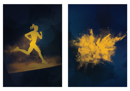 Modular double image, yellow-orange silhouette of a running girl and splash on a dark blue...