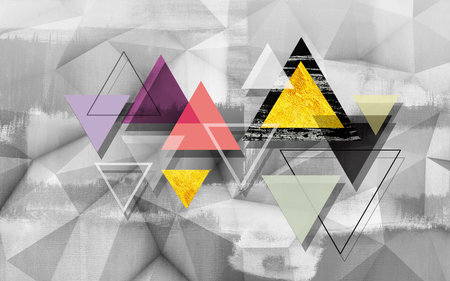 3D illustration, geometric pattern of multi-colored triangles on a monochrome polygonal background