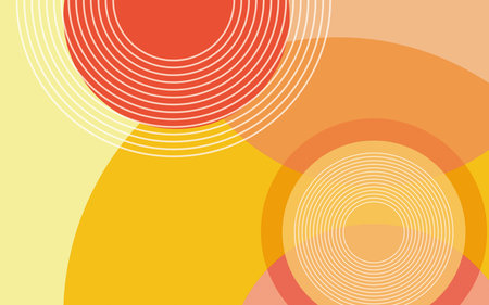 Flat modern geometric dynamic background, yellow and orange circles and white ringsの写真素材