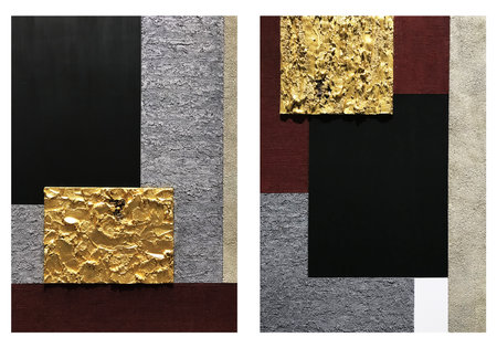 3d geometric illustration, diptych, textured grunge rectangles in black, gray, gold and burgundy colorsの写真素材