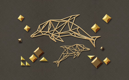 3d illustration, geometric beige dolphins and three-dimensional figures on a brown fabric backgroundの写真素材