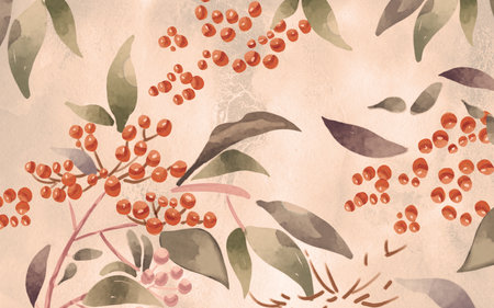 Watercolor pastel pattern, rowan with falling leaves and berriesの写真素材