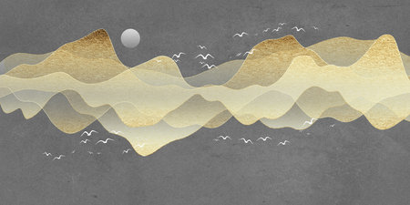 Abstract landscape with beige hills, white birds and full moon on a gray backgroundの写真素材