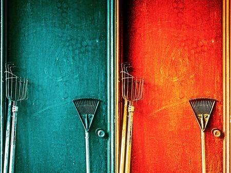 Gardening tools with the colorful doors.の写真素材