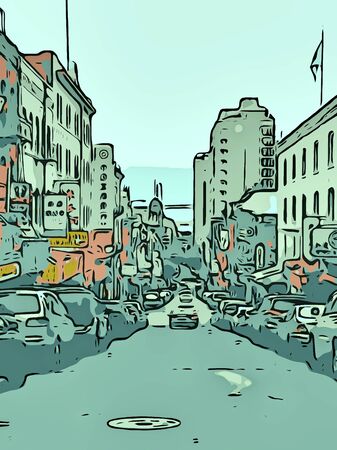 busy street with buildings and carsの写真素材