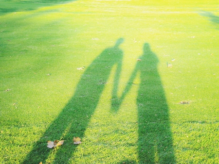 shadow of couple holding hands on green grassの写真素材